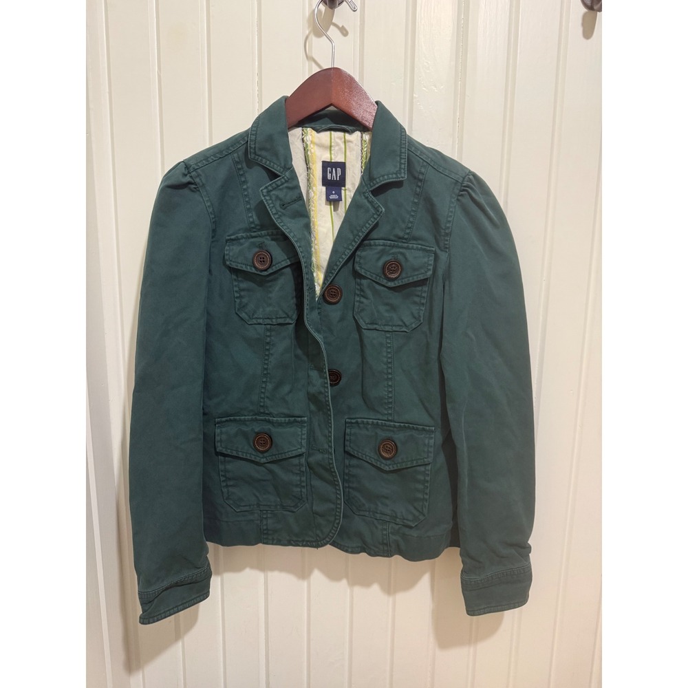 GAP Womens Utility Field Jacket Green Cotton Twill Puff Shoulder Blazer Size 0